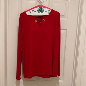 Tahari Red Long-Sleeve V-Notch Top with Gold Accent